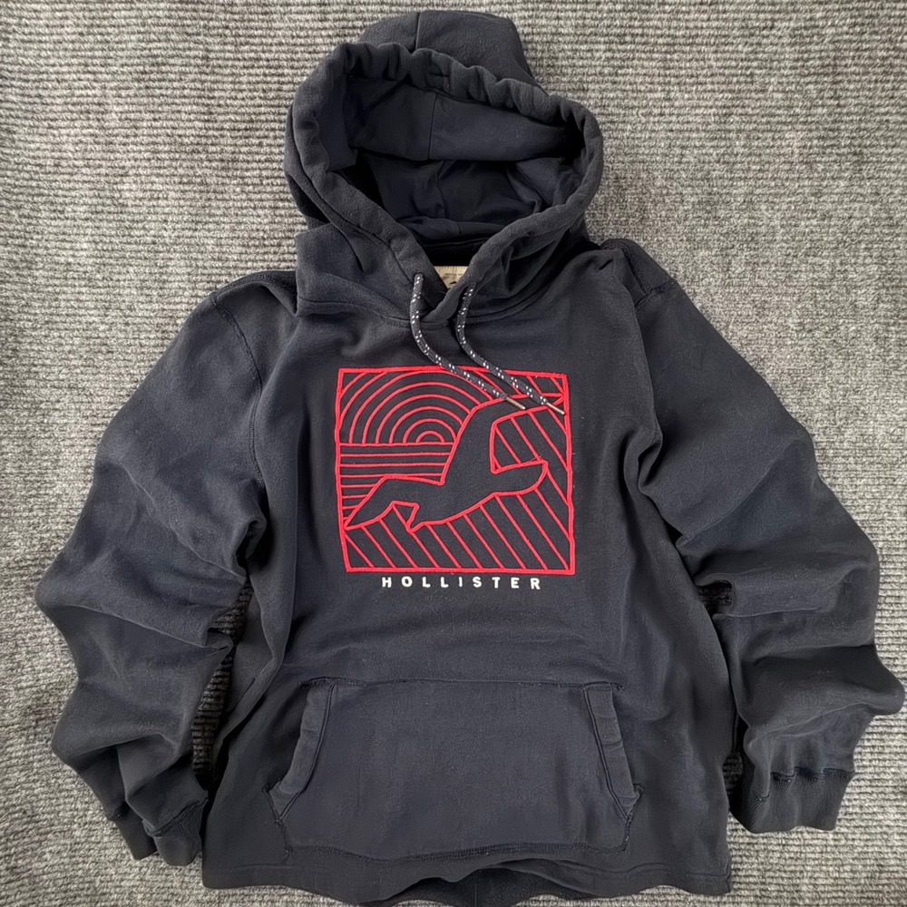 Hollister Graphic Hoodie Men's L Black Red Embroidered Seagull Logo Pullover